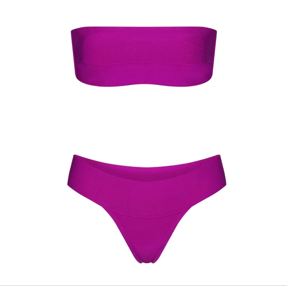NWT SKIMS KNIT SWIM BANDEAU BIKINI TOP & CHEEKY BIKINI BOTTOM SET IN LOLLIPOP